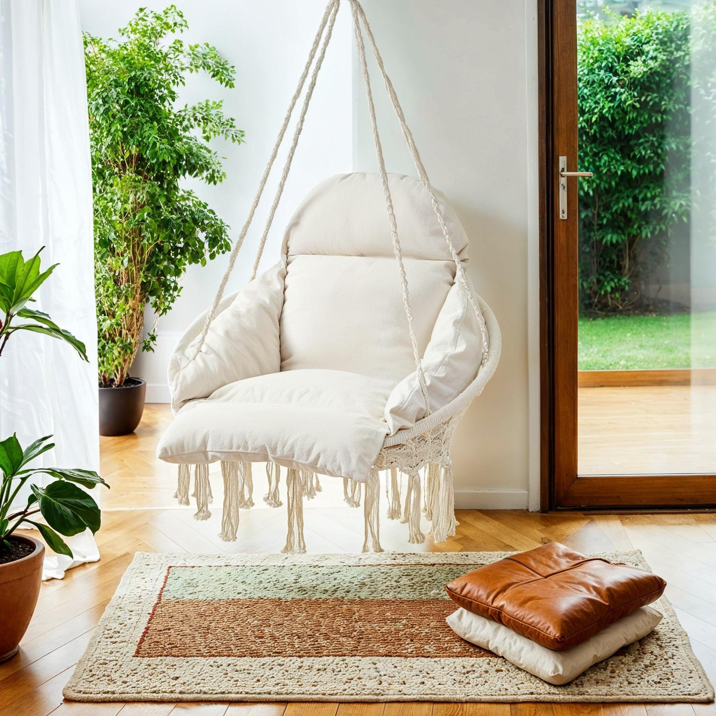 Boho Hanging Chair with Large Thick Cushion, Hammock Swing Chair for Bedroom, Patio and Balcony, Holds 264 lb, Cream White