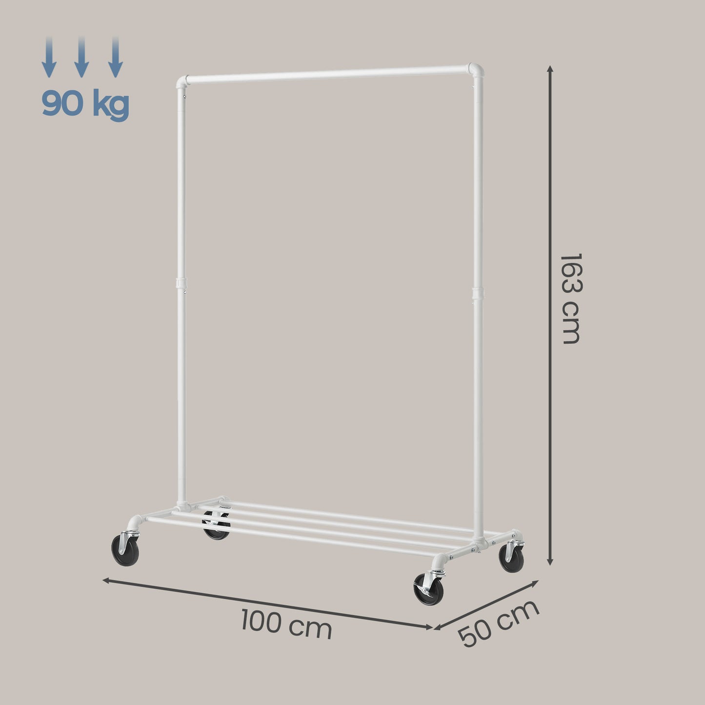 Heavy-Duty Clothes Rack, Industrial Garment Rack on Wheels with Bottom Shelf, Metal Frame for Hanging Clothes, Commercial Display, White