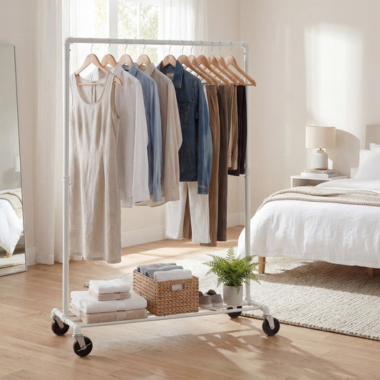 Heavy-Duty Clothes Rack, Industrial Garment Rack on Wheels with Bottom Shelf, Metal Frame for Hanging Clothes, Commercial Display, White