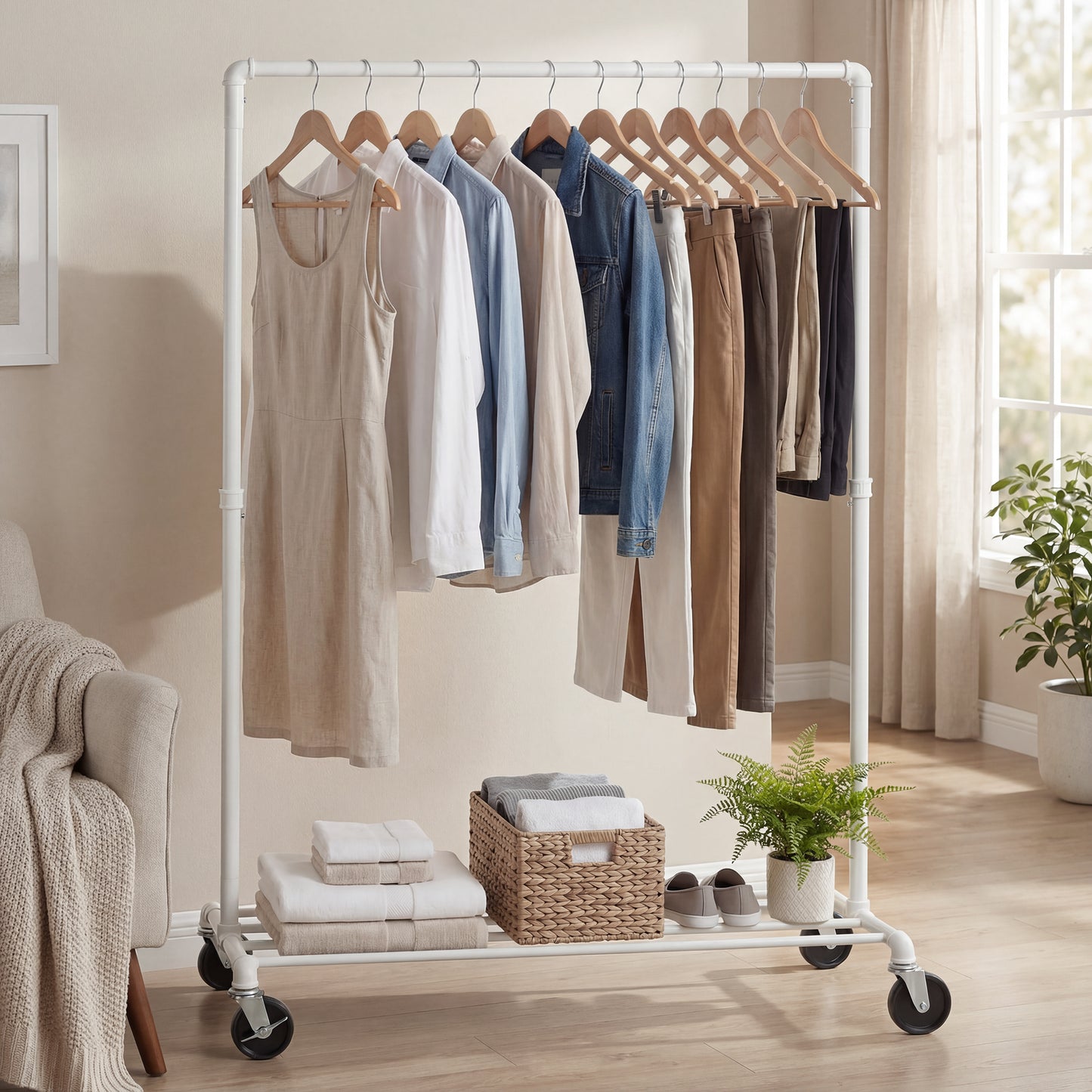 Heavy-Duty Clothes Rack, Industrial Garment Rack on Wheels with Bottom Shelf, Metal Frame for Hanging Clothes, Commercial Display, White