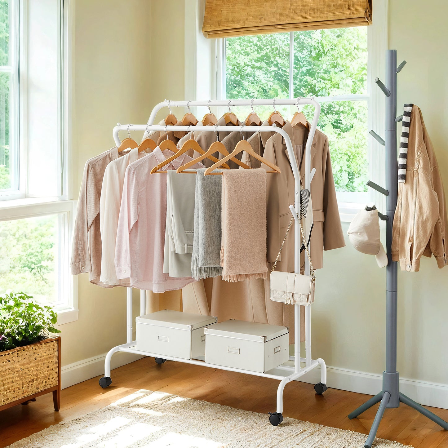 Double-Rod Clothes Rack with Wheels, 2 Height Rails & Bottom Shelf, 220 lb Capacity, Swivel Caster Frame, White