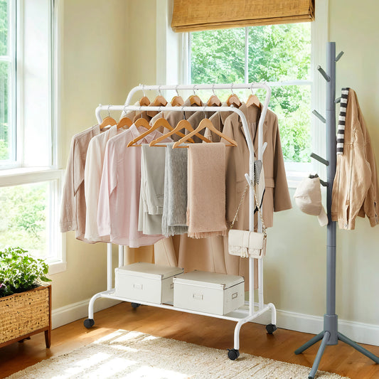 Double-Rod Clothes Rack with Wheels, 2 Height Rails & Bottom Shelf, 220 lb Capacity, Swivel Caster Frame, White