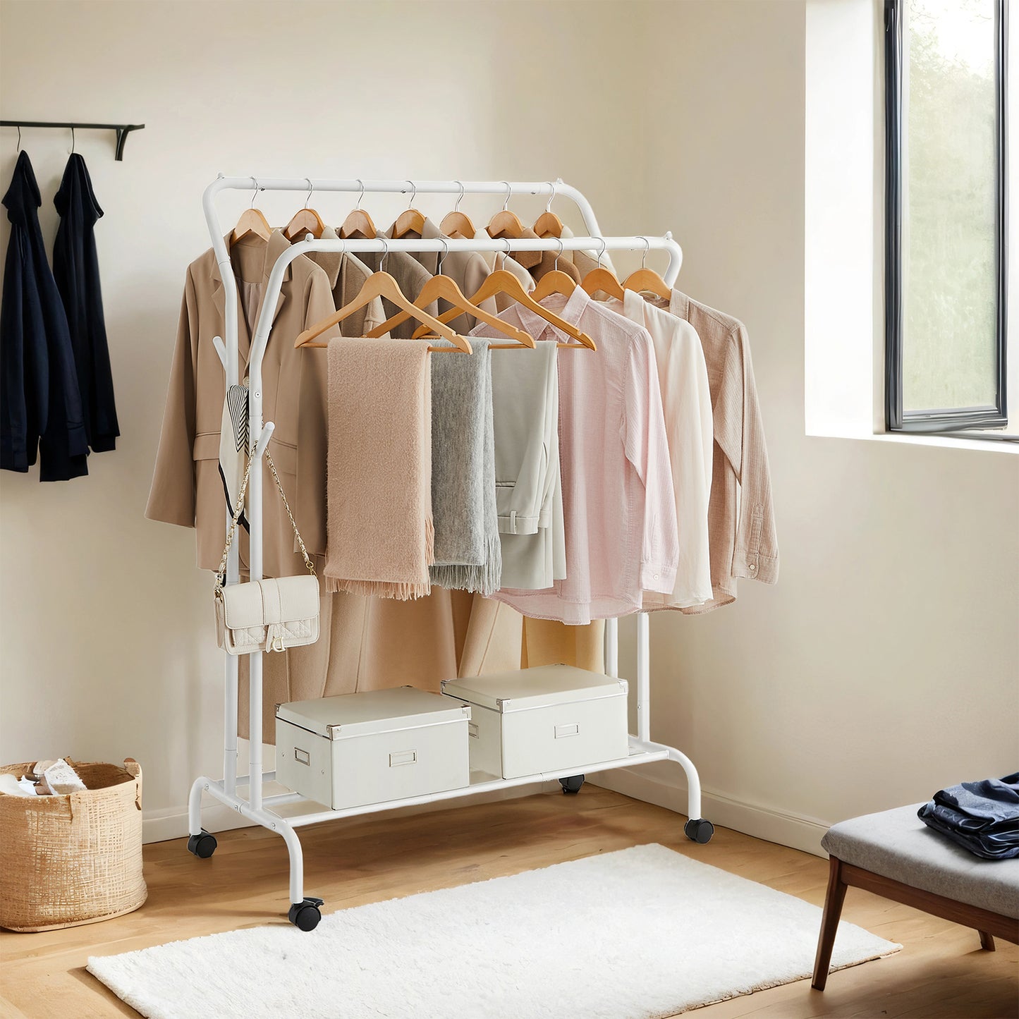 Double-Rod Clothes Rack with Wheels, 2 Height Rails & Bottom Shelf, 220 lb Capacity, Swivel Caster Frame, White