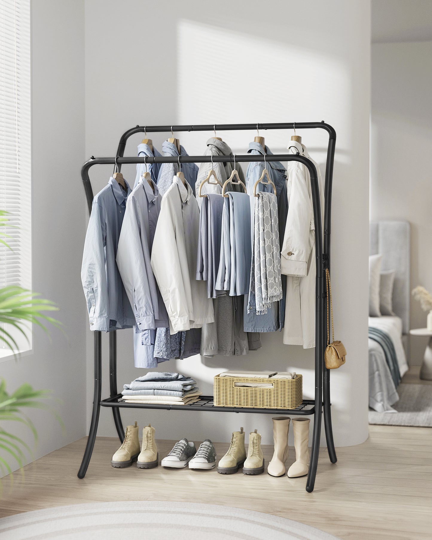 Clothes Rack, Heavy-Duty Garment Rack with Double Rods & Shelves, Clothing Storage with 6 Hooks for Bedroom Living Room, Ink Black