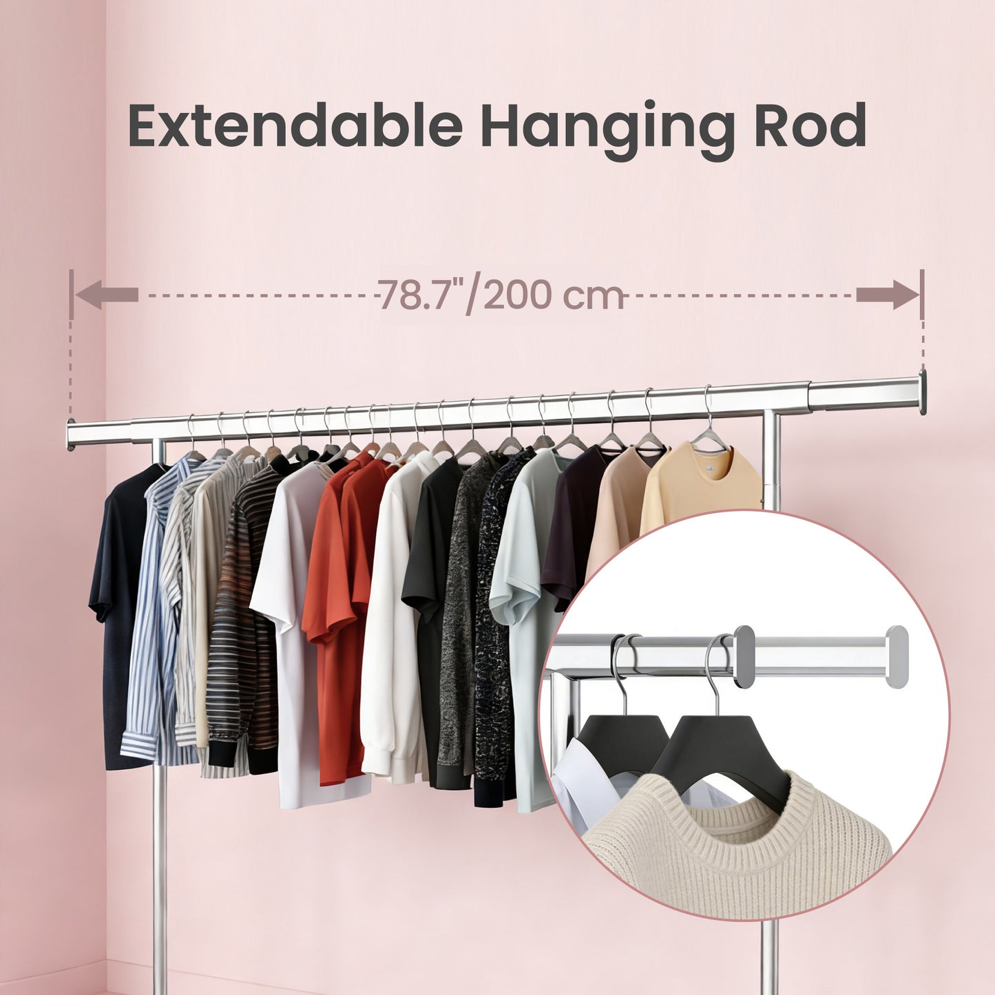 Heavy-Duty Rolling Clothes Rack, Extendable Garment Rack on Wheels with 330 lb Capacity, Steel Portable Wardrobe for Laundry, Silver