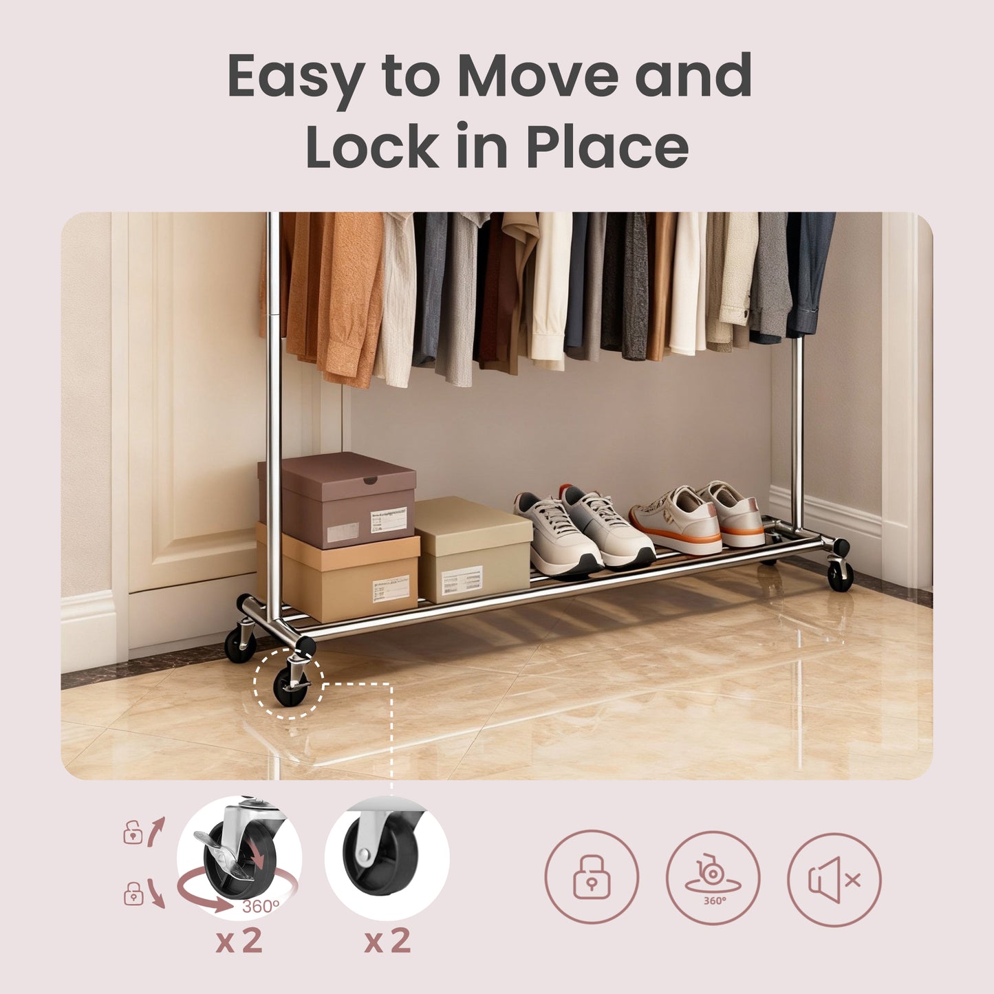 Heavy-Duty Rolling Clothes Rack, Extendable Garment Rack on Wheels with 330 lb Capacity, Steel Portable Wardrobe for Laundry, Silver