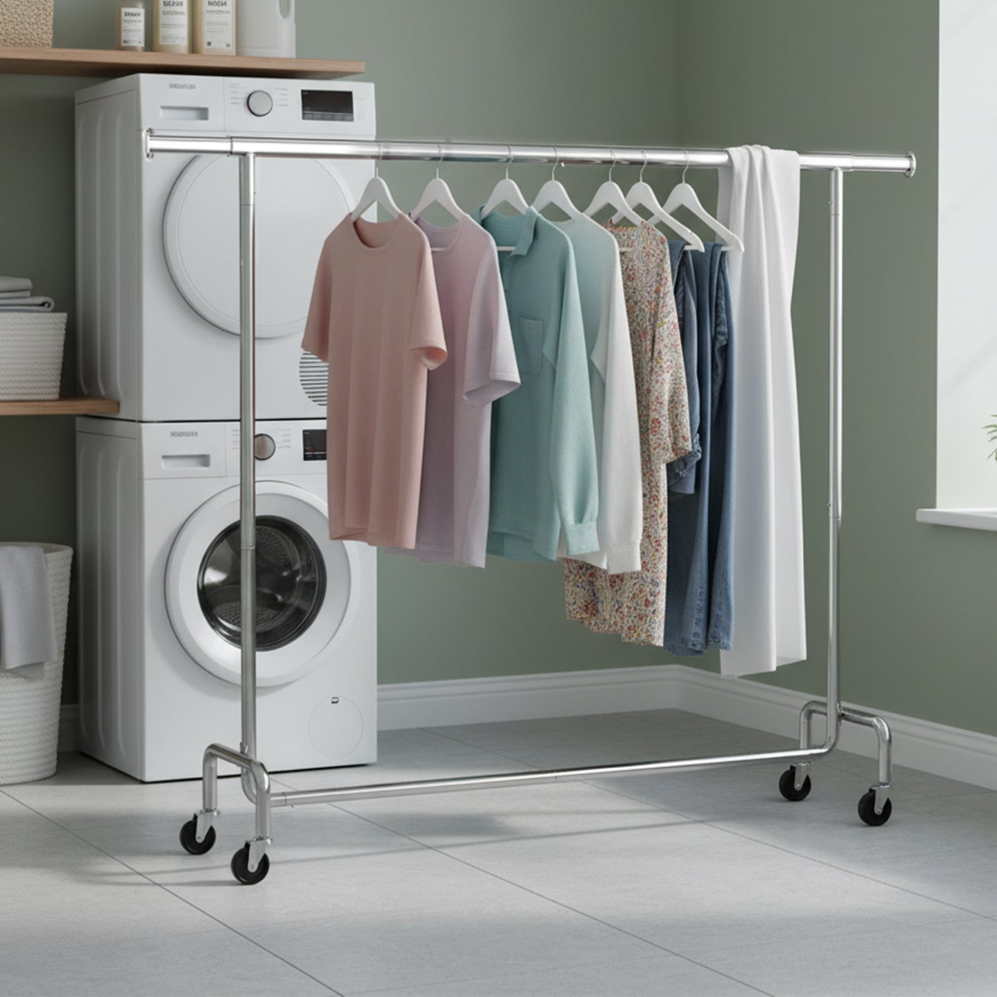 Extendable Heavy-Duty Clothes Rack with Wheels, 243 lb Capacity Garment Rack for Bedroom and Laundry, Chrome-Plated Silver