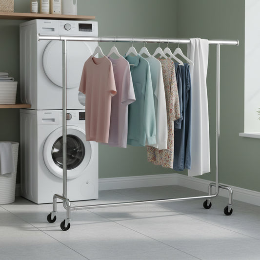 Extendable Heavy-Duty Clothes Rack with Wheels, 243 lb Capacity Garment Rack for Bedroom and Laundry, Chrome-Plated Silver