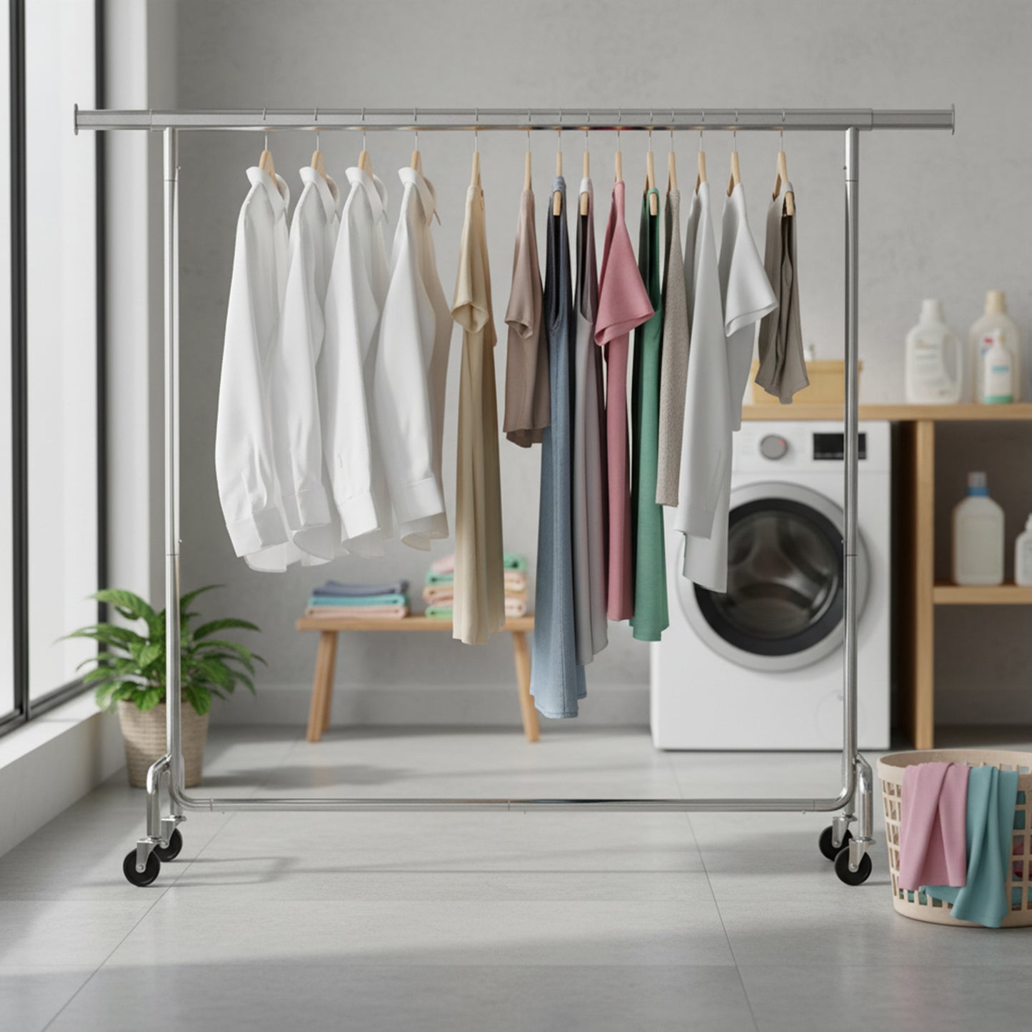Extendable Heavy-Duty Clothes Rack with Wheels, 243 lb Capacity Garment Rack for Bedroom and Laundry, Chrome-Plated Silver
