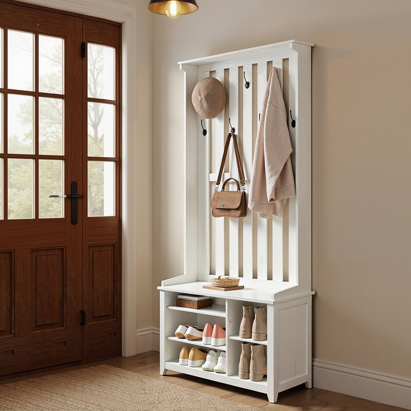 Hall Tree with Bench & Shoe Storage, Coat Rack with 7 Double Hooks & Adjustable Shelf, for Entryway, Bedroom, 70.9 x 31.9 x 13.8 Inches, Rustic White