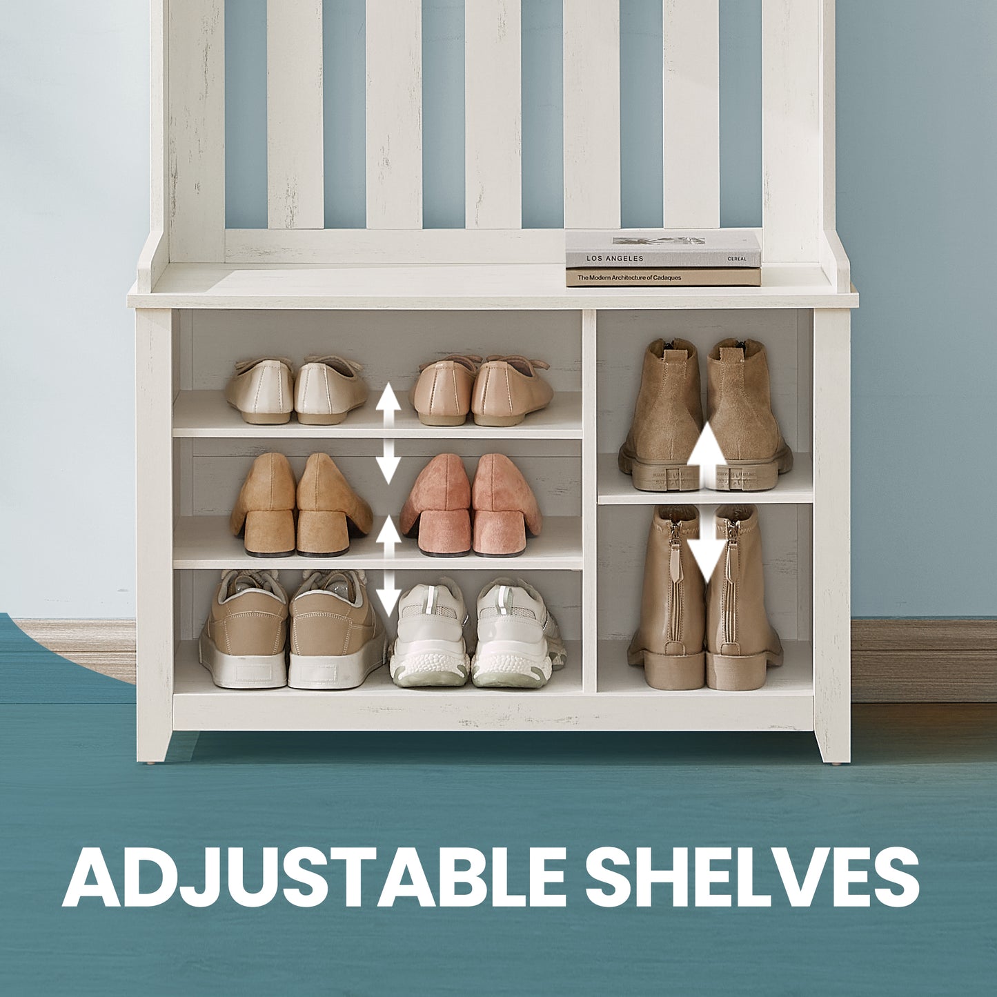 Hall Tree with Bench & Shoe Storage, Coat Rack with 7 Double Hooks & Adjustable Shelf, for Entryway, Bedroom, 70.9 x 31.9 x 13.8 Inches, Rustic White