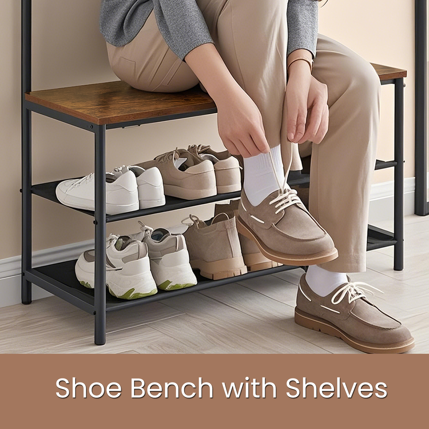 Hall Tree Entryway Bench with Shoe Storage, 9 Hooks and Fabric Shelves, Coat Rack and Shoe Rack, Rustic Brown and Black
