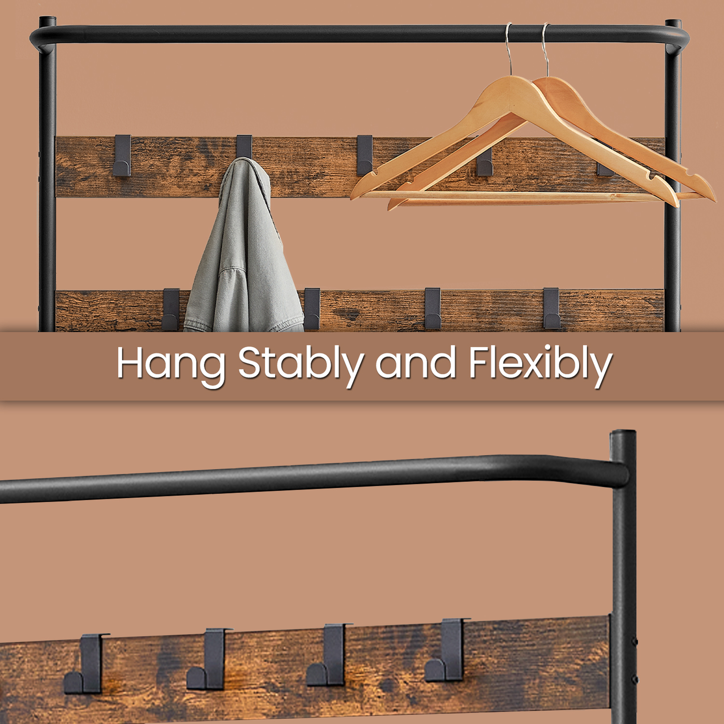Hall Tree Entryway Bench with Shoe Storage, 9 Hooks and Fabric Shelves, Coat Rack and Shoe Rack, Rustic Brown and Black