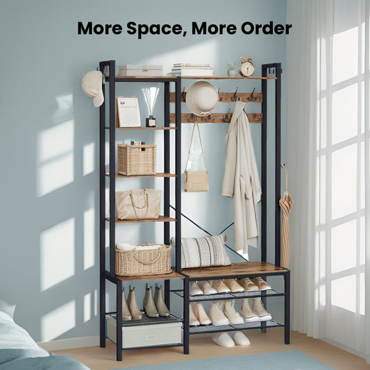 Hall Tree with Bench and Shoe Storage, Entryway Coat Rack with 9 Hooks, 5 Shelves, 2-Tier Adjustable Shoe Rack, Rustic Brown and Ink Black