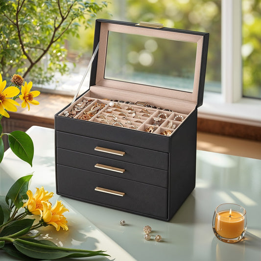 4-Layer Jewelry Box Organizer with Glass Lid, 3-Drawer Velvet Lined Storage for Rings Necklaces, Graphite Black and Gold