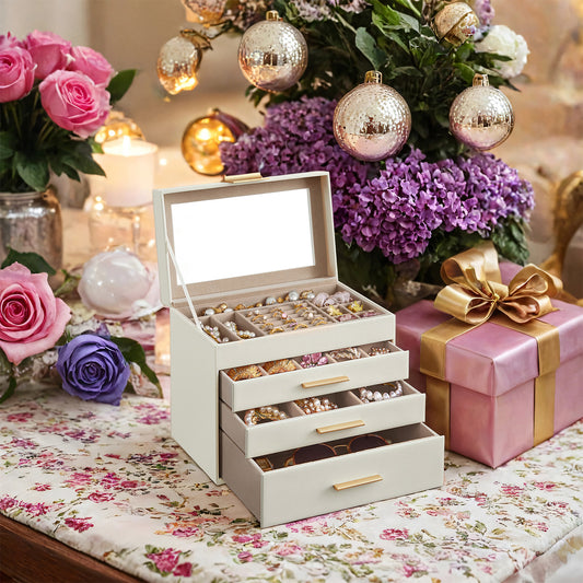 4-Layer Jewelry Box Organizer with Glass Lid, 3-Drawer Velvet Lined Storage for Rings Necklaces, Cloud White and Gold