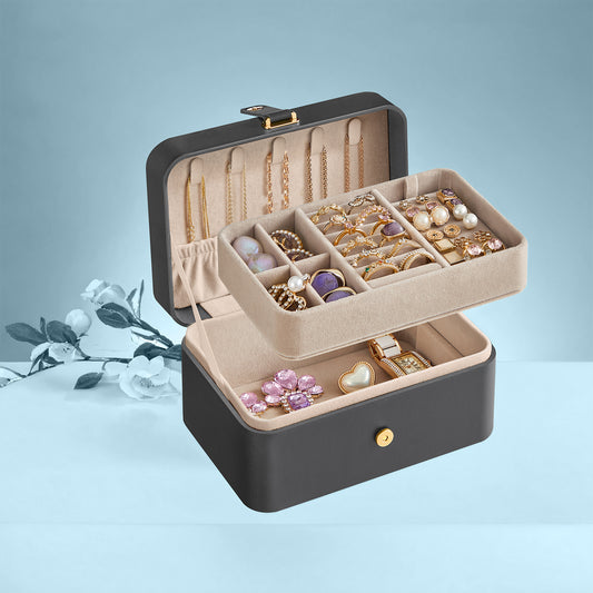 Travel Jewelry Box Organizer, 2-Layer Portable Jewelry Case with Removable Tray & 5 Necklace Hooks, Compact Storage for Earrings, Rings, Bracelets, Slate Gray