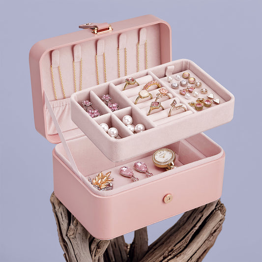 Travel Jewelry Organizer Box, 2-Tier Portable Jewelry Case with Removable Tray & Necklace Hooks, Compact Storage for Earrings, Rings, Bracelets & Large Accessories, Jelly Pink
