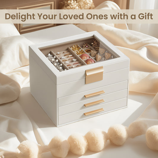 Jewelry Box Organizer with Glass Lid, 4-Tier Jewelry Storage Case with 3 Drawers, PU & MDF Build, Tabletop Display, for Rings Necklaces Bracelets, Cloud White and Gold