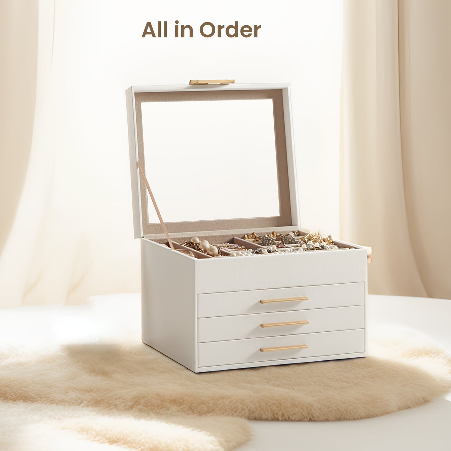 Jewelry Box Organizer with Glass Lid, 4-Tier Jewelry Storage Case with 3 Drawers, PU & MDF Build, Tabletop Display, for Rings Necklaces Bracelets, Cloud White and Gold