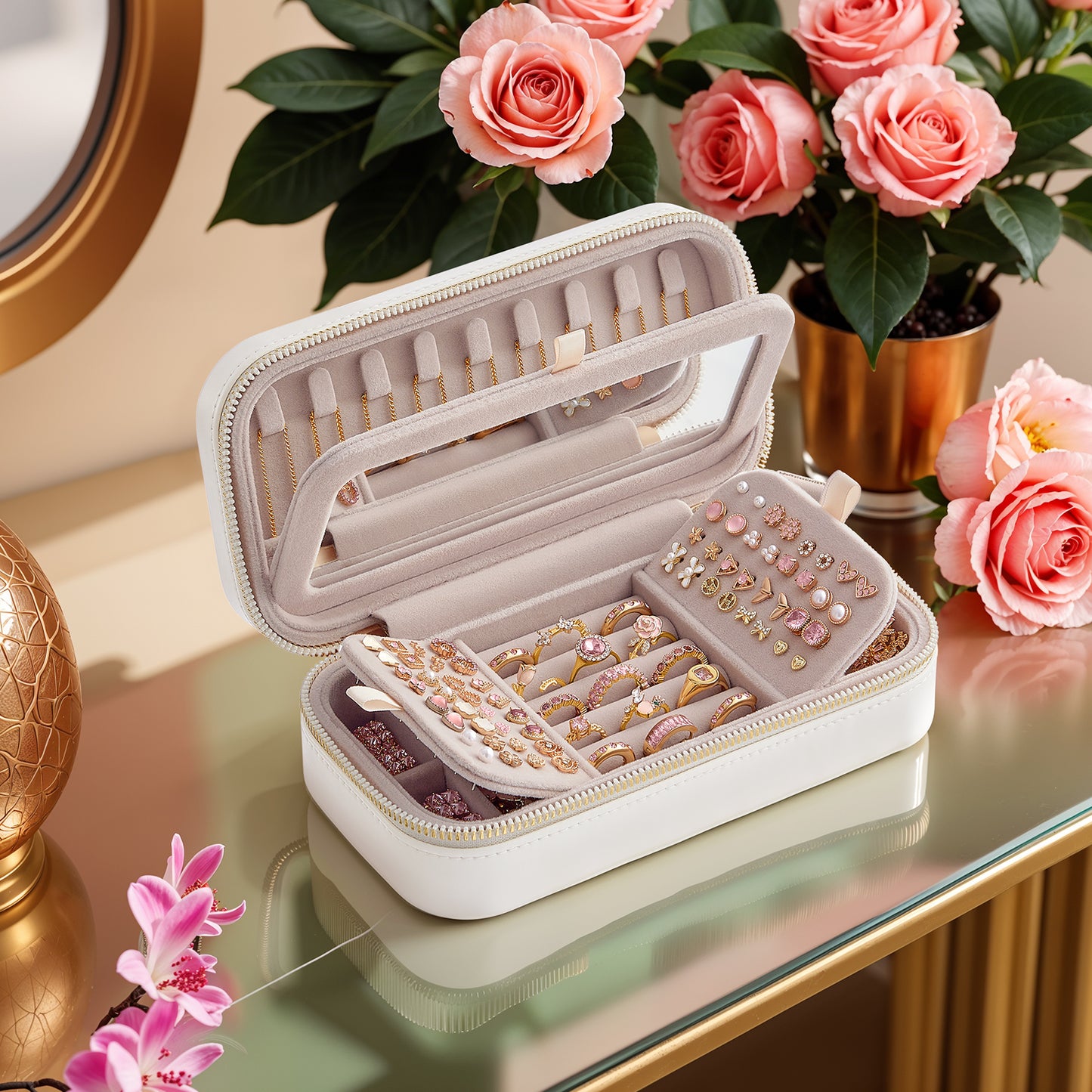 Travel Jewelry Box Organizer with Mirror, 4.1 x 8 Inch Portable Jewelry Case with Adjustable Dividers, Cloud White