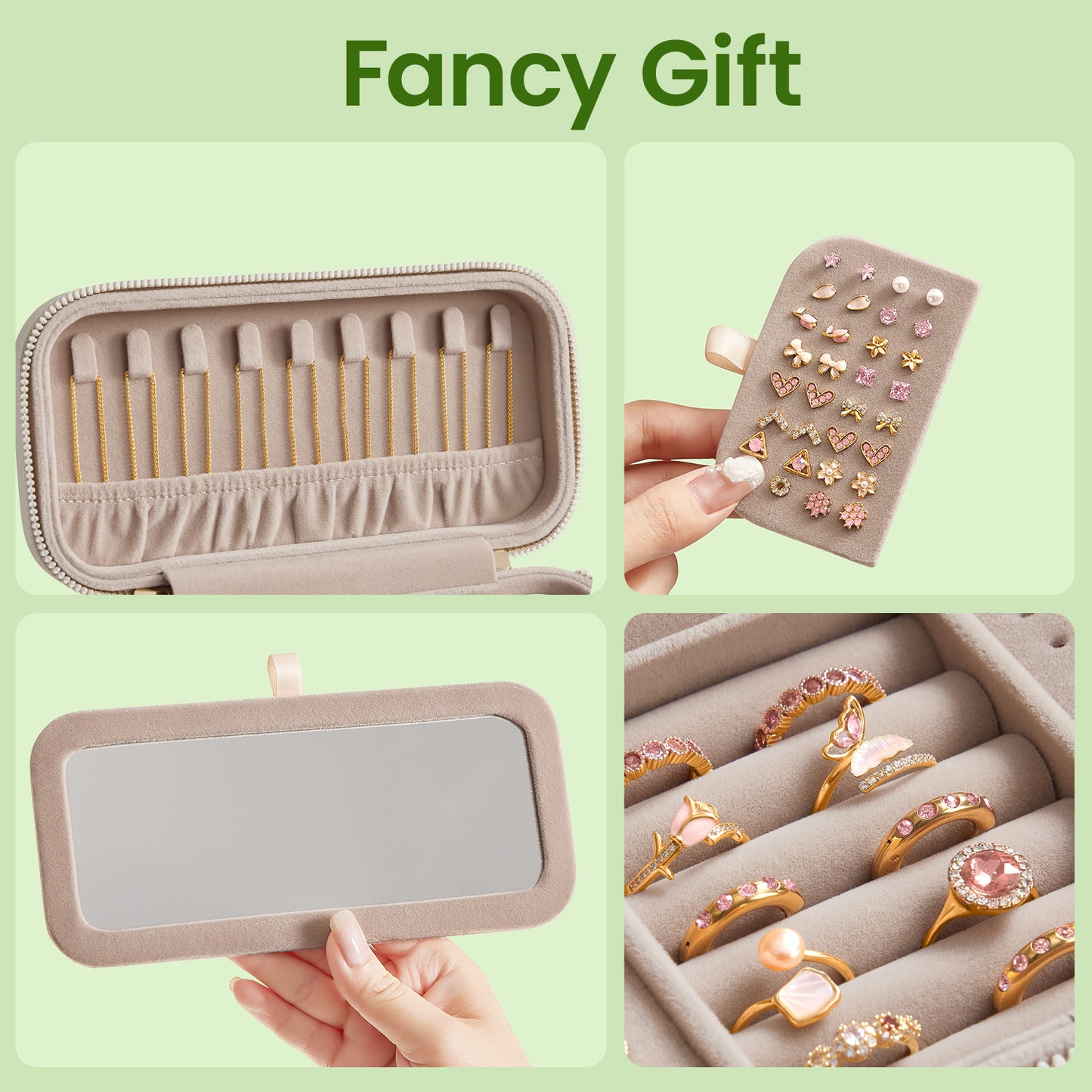 Travel Jewelry Box Organizer with Mirror, 4.1 x 8 Inch Portable Jewelry Case with Adjustable Dividers, Cloud White