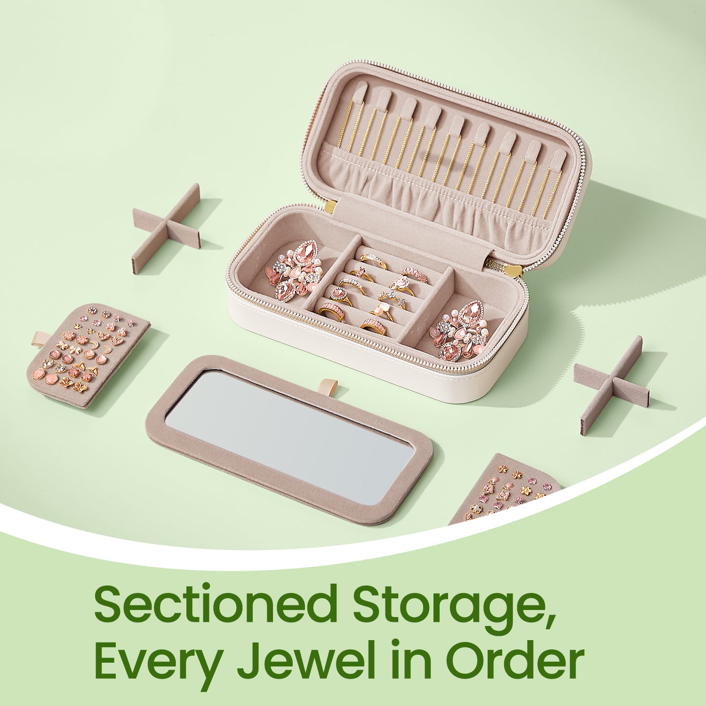 Travel Jewelry Box Organizer with Mirror, 4.1 x 8 Inch Portable Jewelry Case with Adjustable Dividers, Cloud White