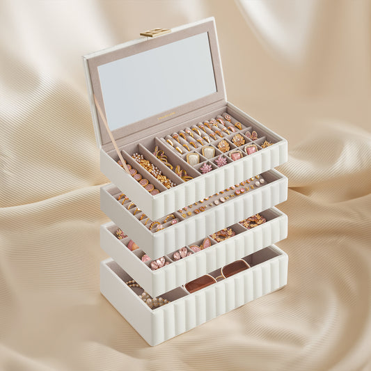 4-Tier Stackable Jewelry Organizer with Mirror and PU Surface, Velvet Lined Storage, Floating Base, Cloud White