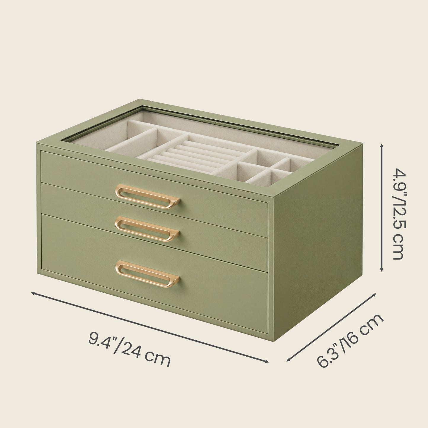 3-Layer Jewelry Box with Glass Window, 3-Drawer Jewelry Organizer for Rings, Earrings, Bracelets, Sage Green, 6.3 x 9.4 x 4.9 Inches