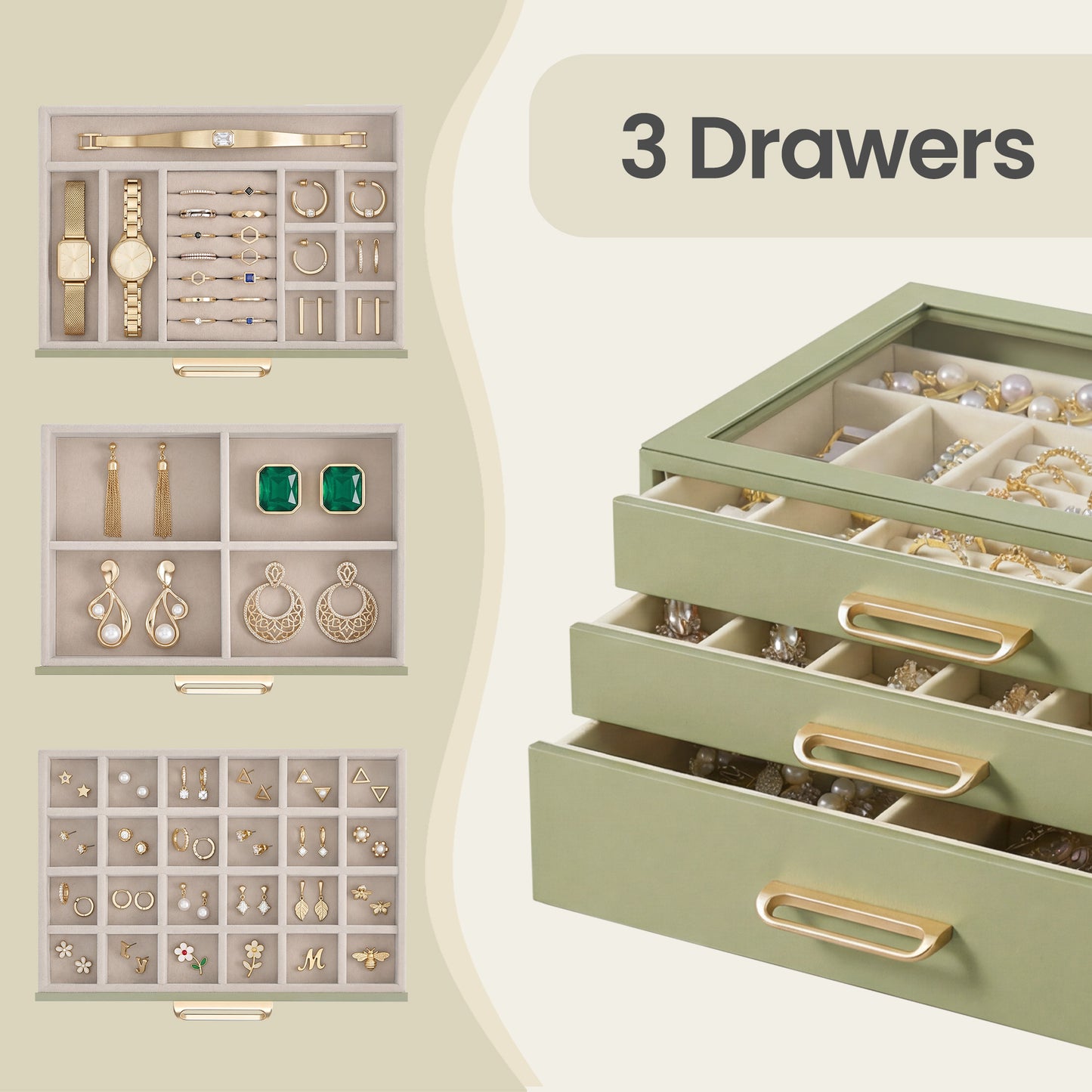 3-Layer Jewelry Box with Glass Window, 3-Drawer Jewelry Organizer for Rings, Earrings, Bracelets, Sage Green, 6.3 x 9.4 x 4.9 Inches