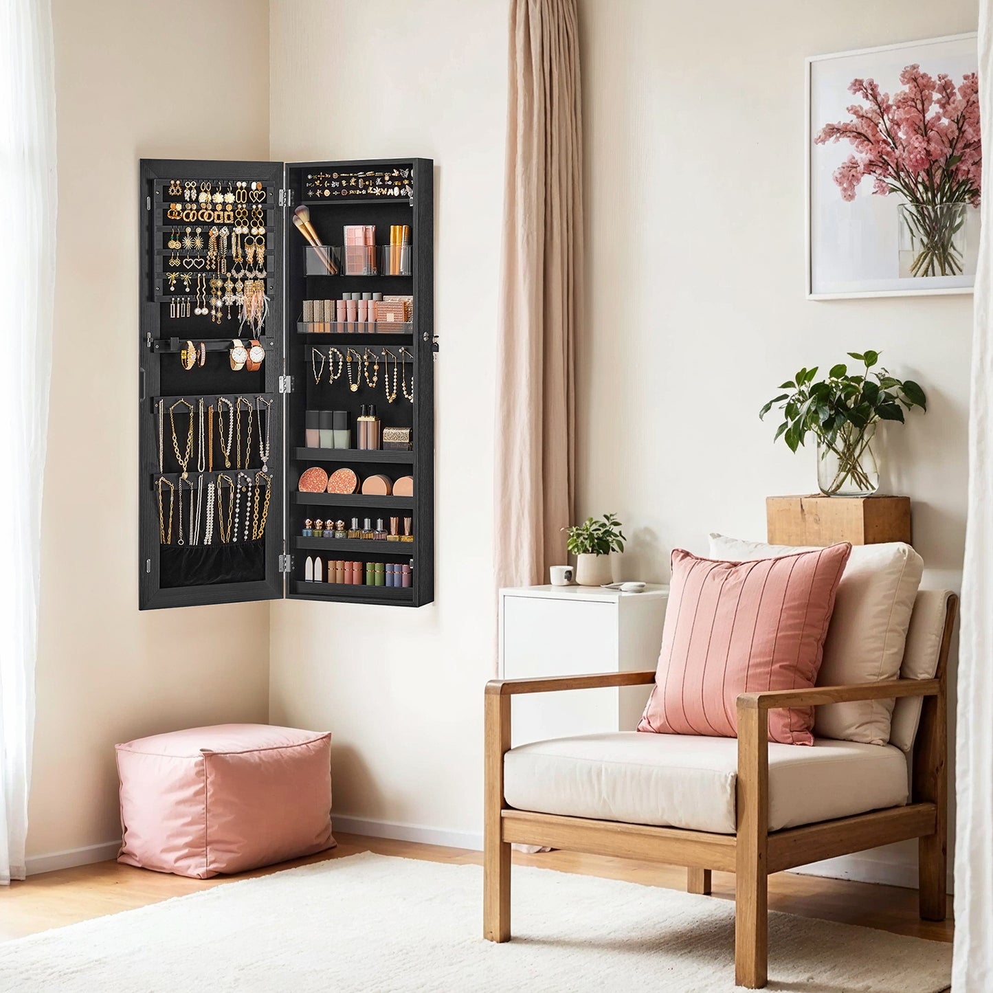 Mirror Jewelry Cabinet Armoire – Wall，Door Mounted Storage with 108 Earring Slots, 36 Necklace Hooks, 4 Shelves & 2 Cosmetic Organizers, Black
