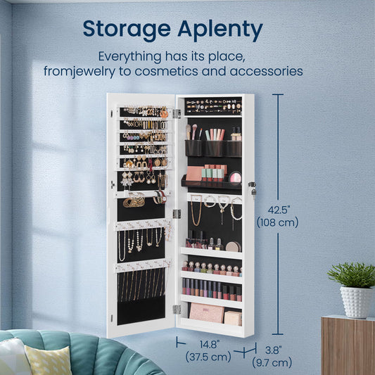 Wall-Mounted Jewelry Cabinet with Lock & Full-Length Mirror, Door or Wall Hanging Organizer with Makeup Trays, for Earrings Necklaces Rings, Armoire Type, White