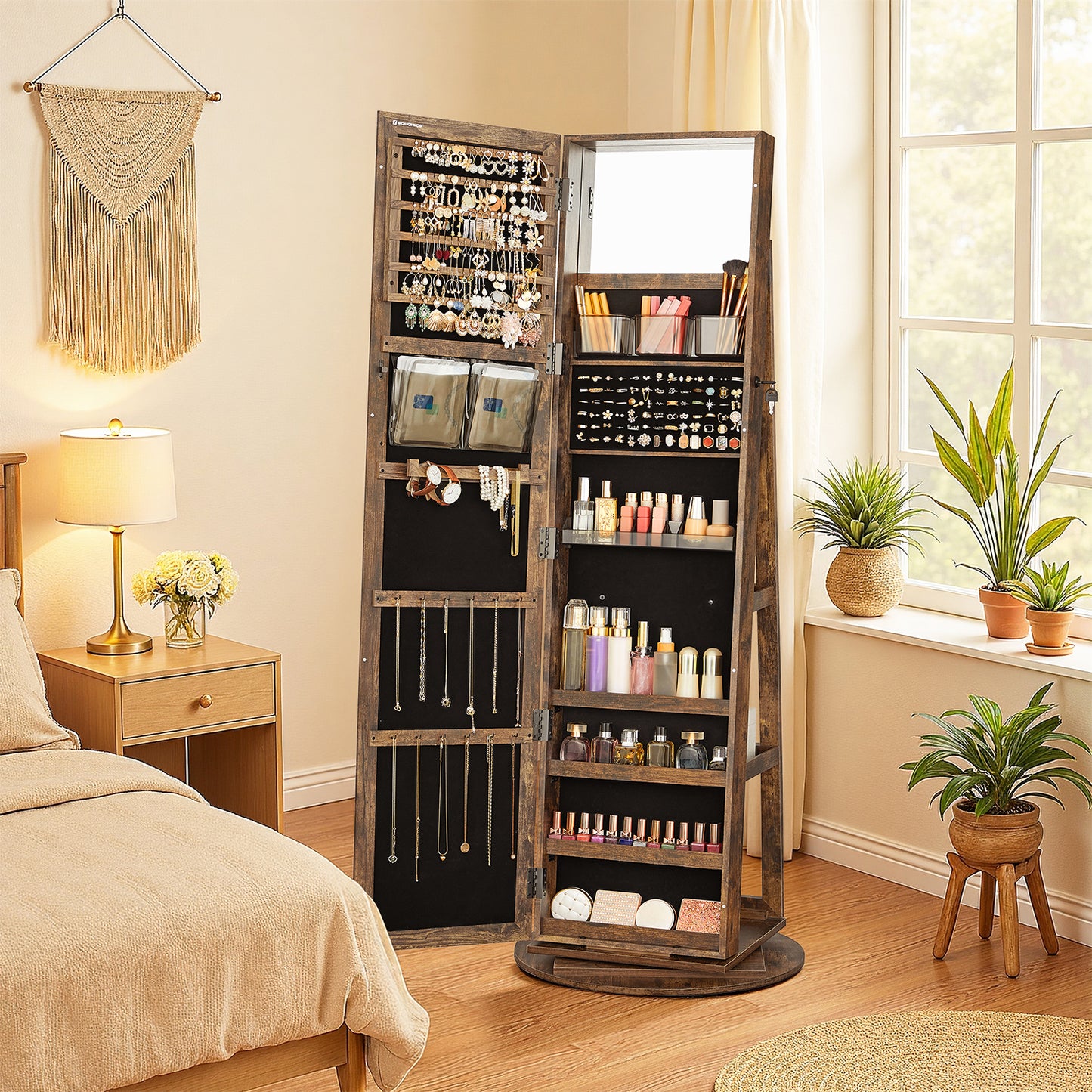 360° Swivel Jewelry Armoire with Lock, Full-Length Mirror & Rear Shelves，120 Earring Slots, 12 Necklace Hooks, 4 Storage Shelves, Velvet Lining，Rustic Brown