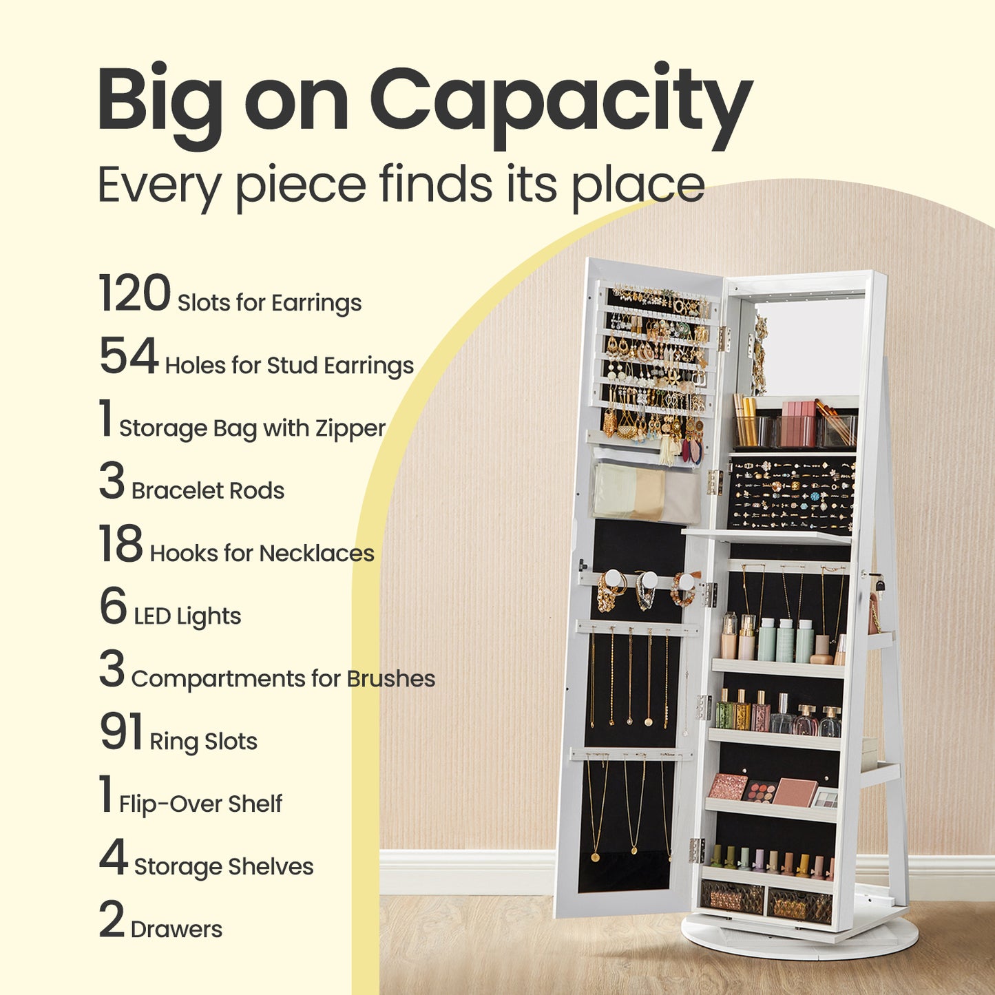 Mirror Jewelry Cabinet, 360° Swivel Jewelry Organizer Armoire with Frameless Full-Length Mirror & 6 LEDs, Lockable Standing Storage, White
