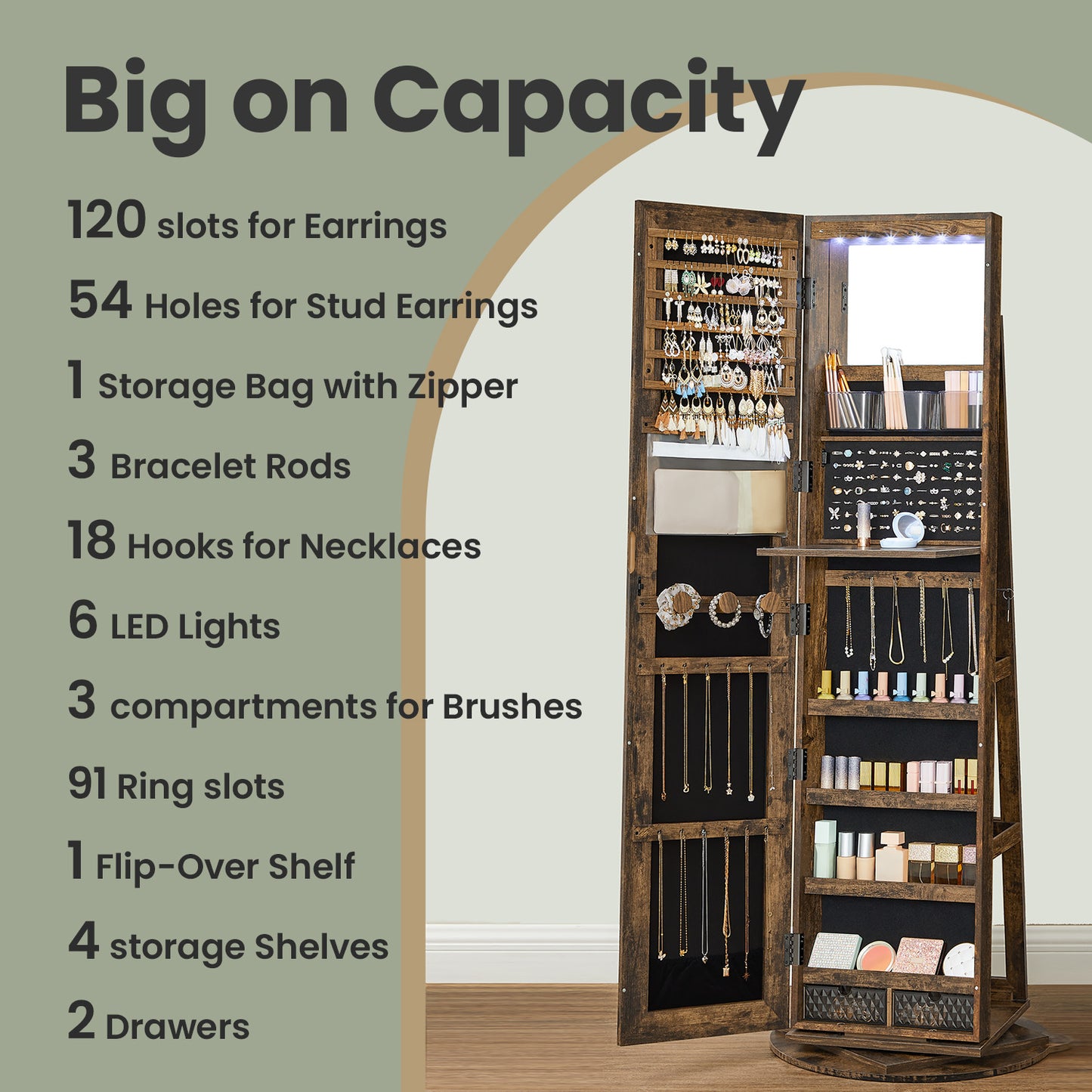 Lockable LED Jewelry Cabinet with 360° Swivel, Full-Length Mirror, 3 Shelves + 2 Drawers, 120 Earring Slots, Black Velvet Lining， Rustic Brown