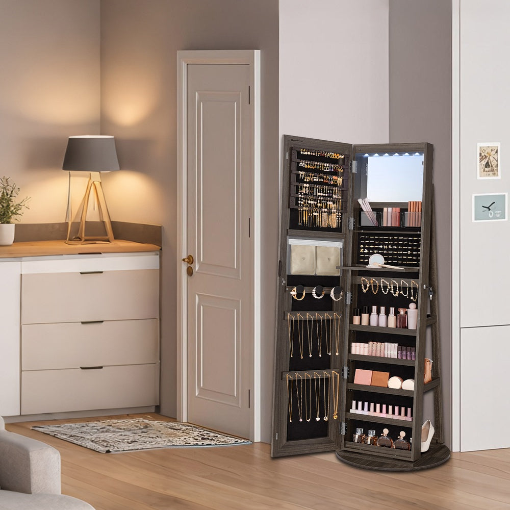 Freestanding Jewelry Armoire with LED Mirror and Lock, Adjustable Lighting Storage Cabinet with Vanity Table, Ash Brown