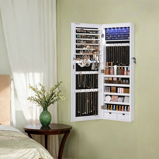 Wall-Mounted Jewelry Cabinet with LED Lights and Full-Length Mirror, 42.5 Inch Jewelry Armoire Organizer with Multiple Storage, White