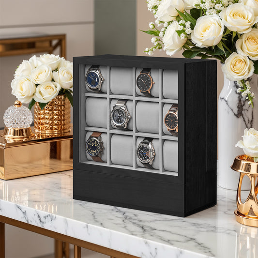 12-Slot Vertical Watch Box with Display Window, Wood Veneer Case with Hidden Drawers, Velvet Lining, Space-Saving, Ebony Black