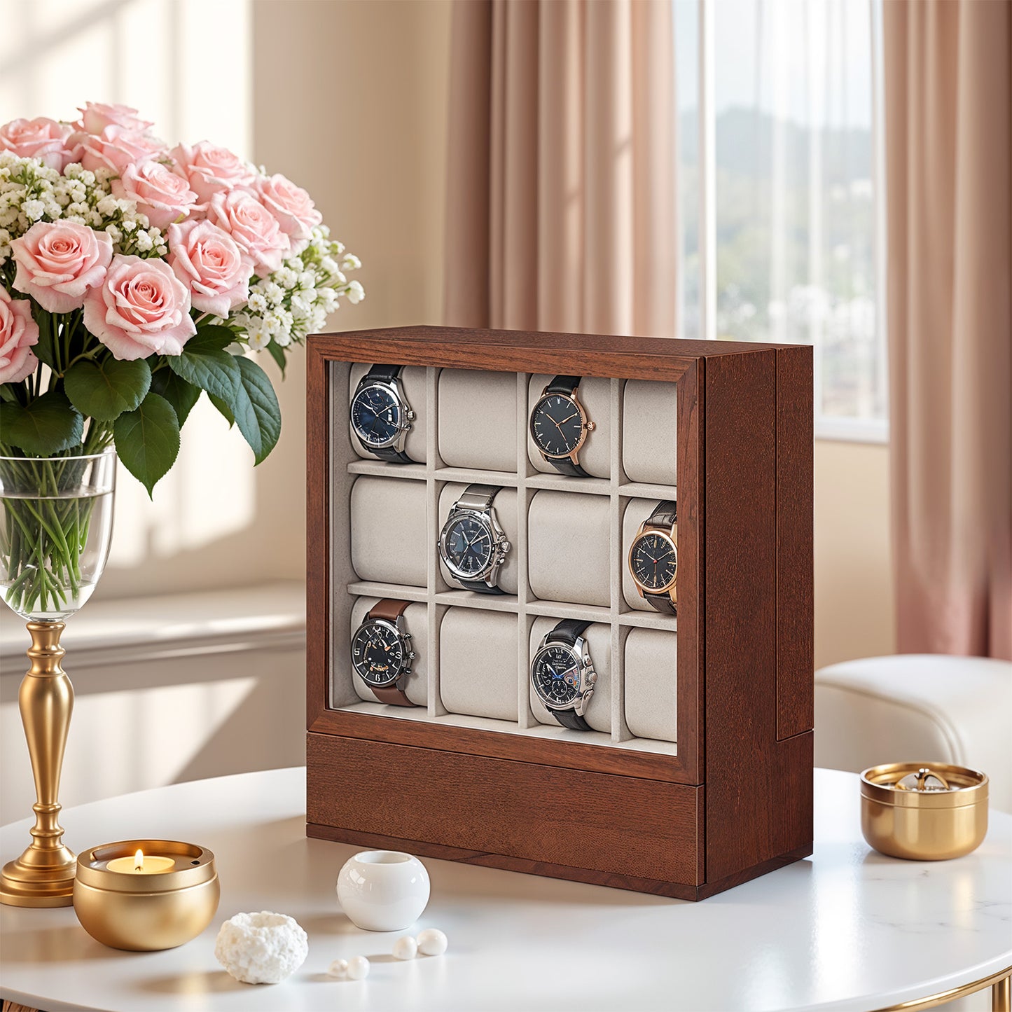 12-Slot Vertical Watch Display Case with Hidden Drawers, Wood Veneer & Velvet Lining, Space-Saving Organizer, Coffee Brown