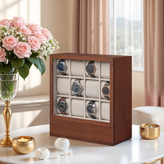 12-Slot Vertical Watch Display Case with Hidden Drawers, Wood Veneer & Velvet Lining, Space-Saving Organizer, Coffee Brown