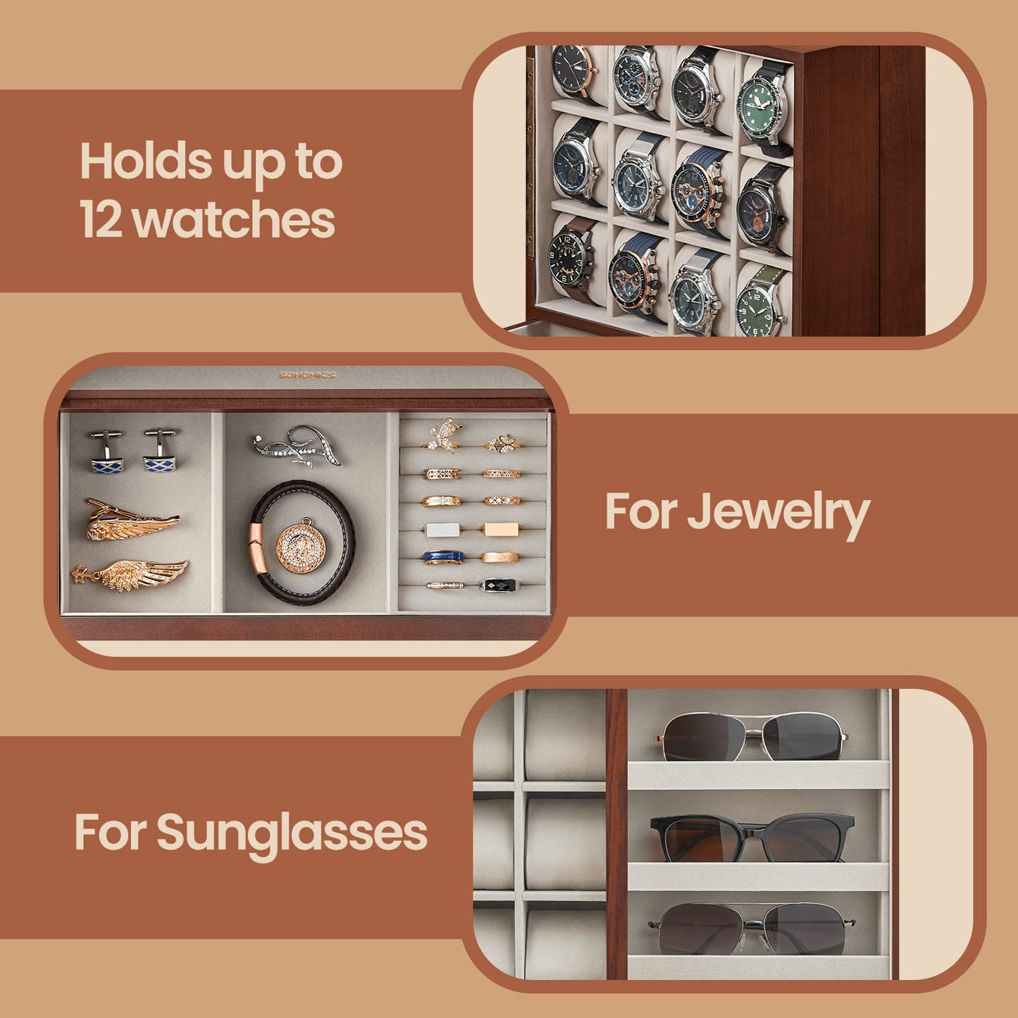 12-Slot Vertical Watch Display Case with Hidden Drawers, Wood Veneer & Velvet Lining, Space-Saving Organizer, Coffee Brown