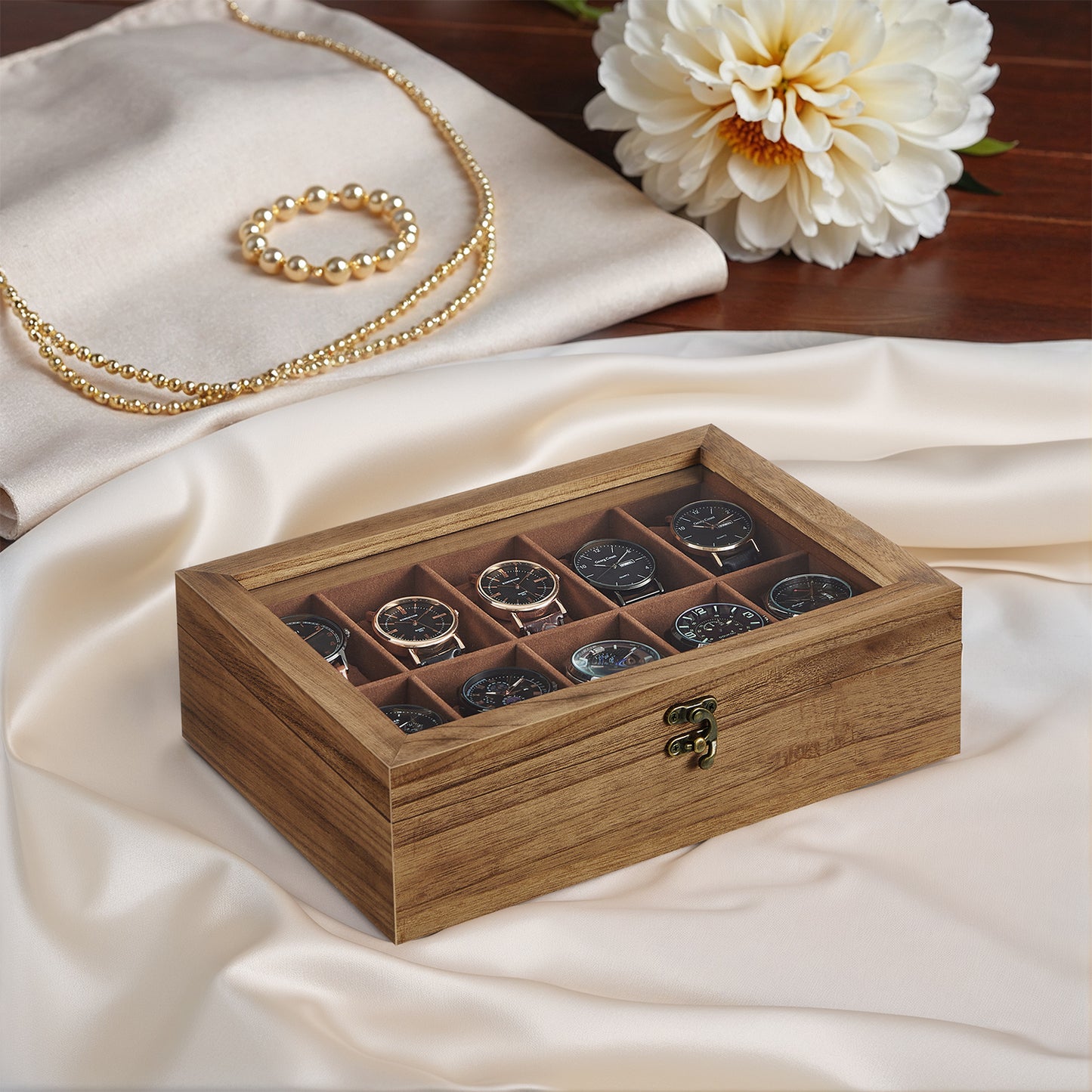 10-Slot Solid Wood Watch Box with Glass Lid, Velvet-Lined Display Case with Removable Pillows, Rustic Walnut