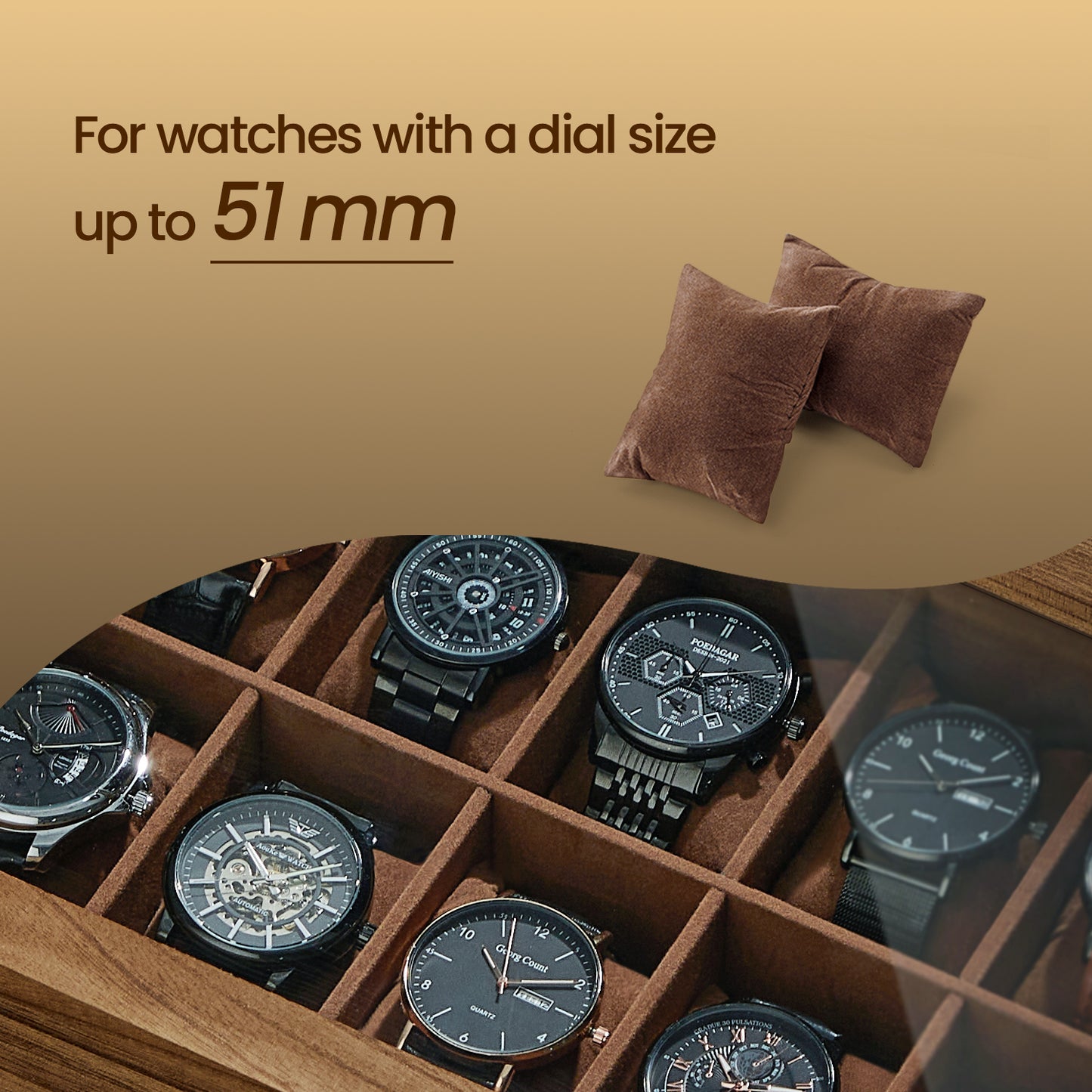 10-Slot Solid Wood Watch Box with Glass Lid, Velvet-Lined Display Case with Removable Pillows, Rustic Walnut