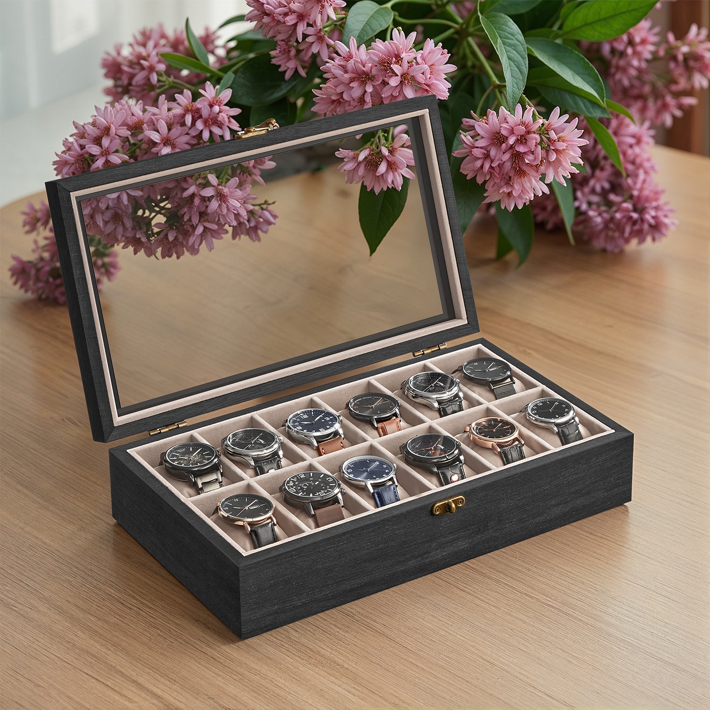 12-Slot Solid Wood Watch Box with Glass Lid, Velvet-Lined Display Case with Removable Pillows, Ebony Black
