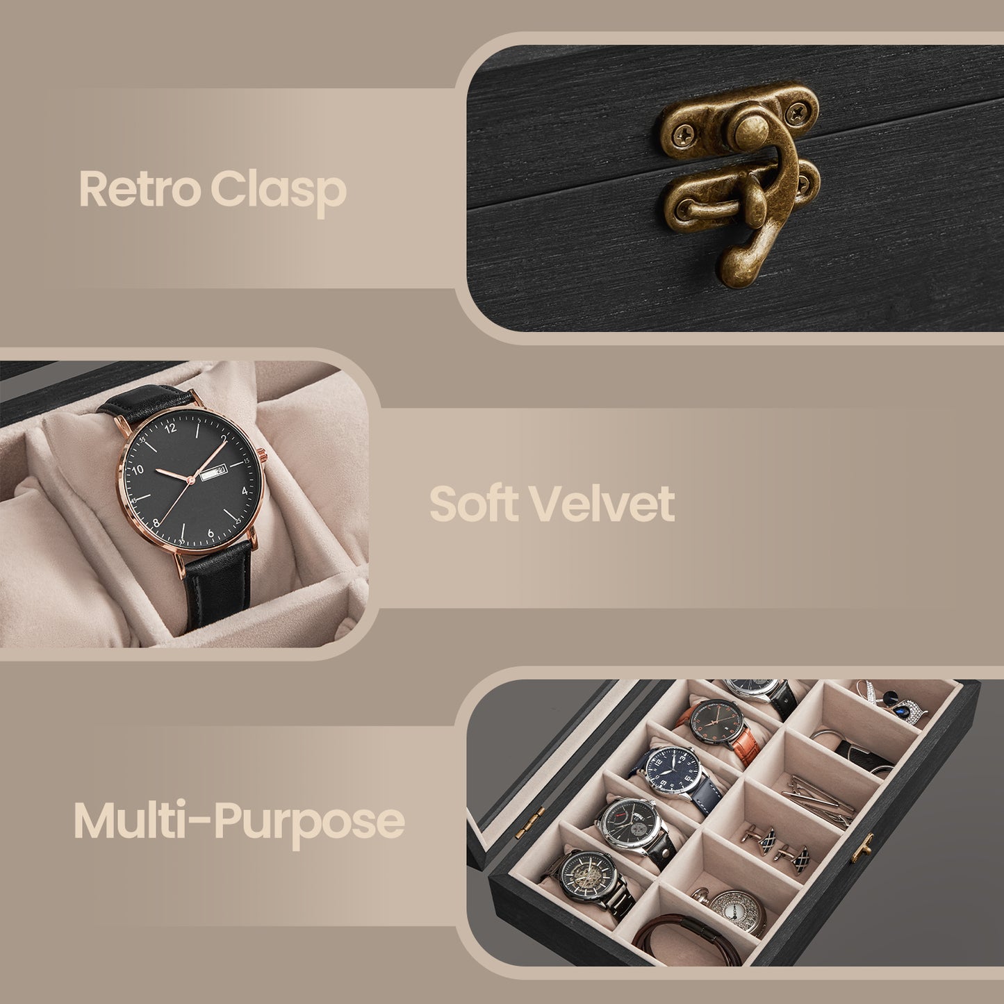 12-Slot Solid Wood Watch Box with Glass Lid, Velvet-Lined Display Case with Removable Pillows, Ebony Black