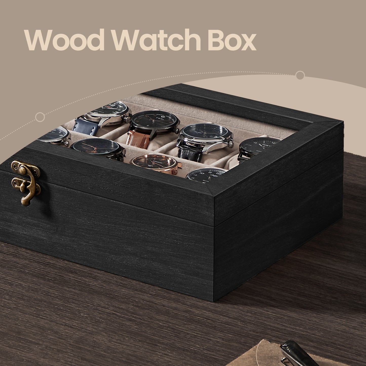 12-Slot Solid Wood Watch Box with Glass Lid, Velvet-Lined Display Case with Removable Pillows, Ebony Black