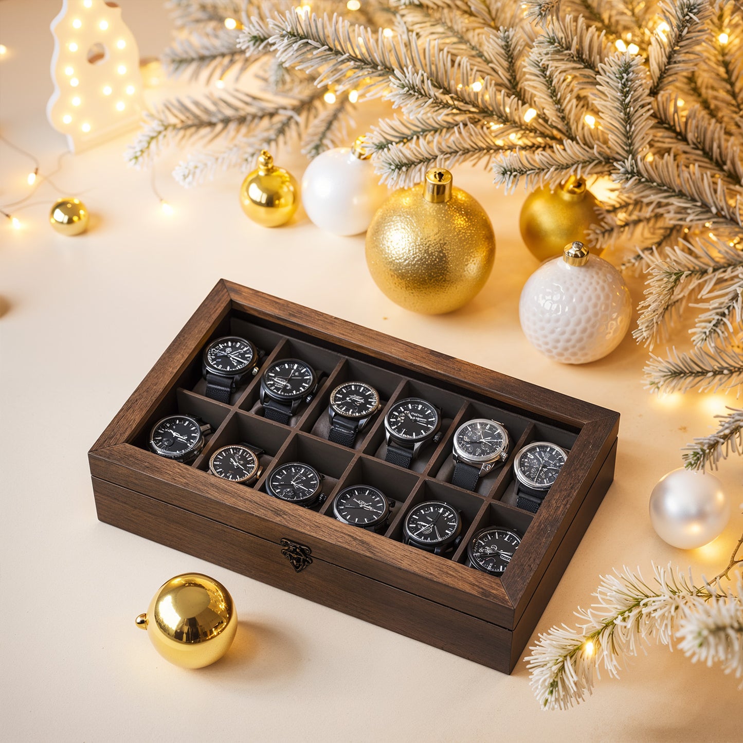 12-Slot Luxury Watch Box with Glass Top, Solid Wood Display Case with Velvet Pillows, Rustic Walnut