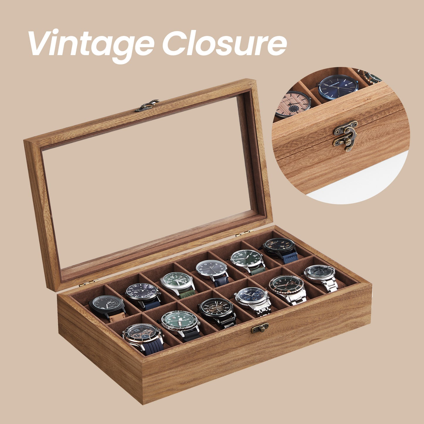 12-Slot Luxury Watch Box with Glass Top, Solid Wood Display Case with Velvet Pillows, Rustic Walnut