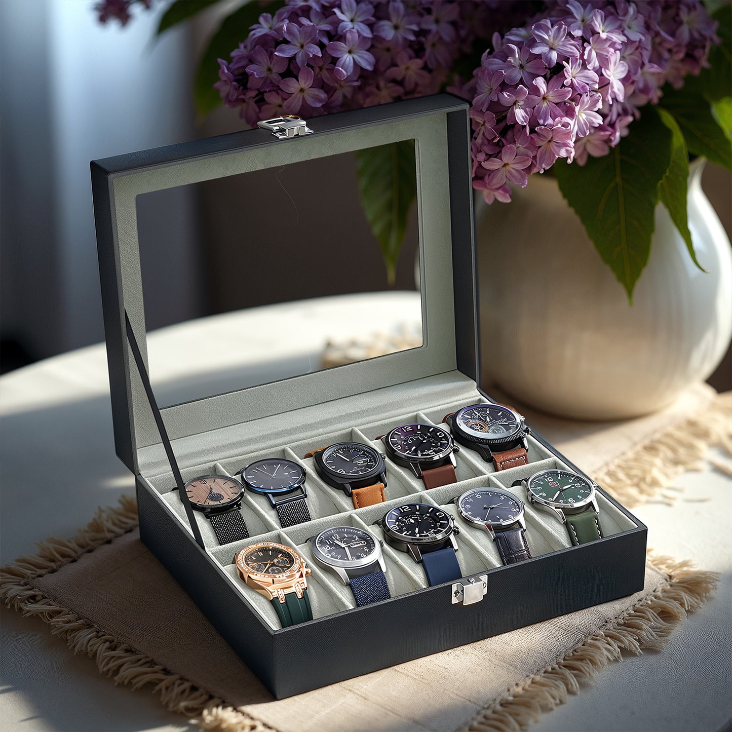 10-Slot Watch Box with Large Glass Lid & Removable Pillows, Luxury Watch Organizer Case, Durable Synthetic Leather, Gray