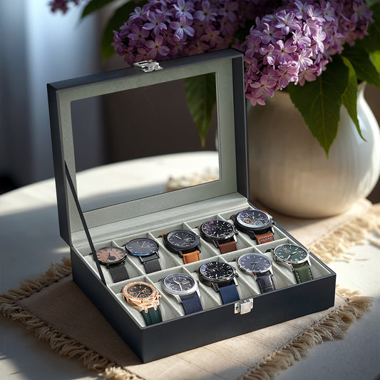 10-Slot Watch Box with Large Glass Lid & Removable Pillows, Luxury Watch Organizer Case, Durable Synthetic Leather, Gray